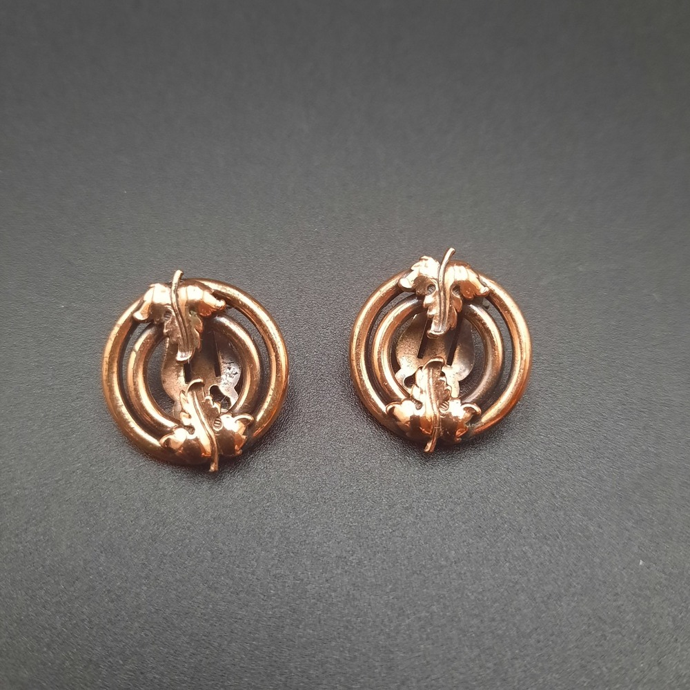 Vintage Copper Tone Earrings Clip On Floral Design Statement Jewelry